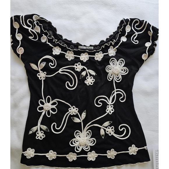 lauren michele Tops - Lauren Michele ladies Black With White Applique Floral Designs, Cap Sleeves. Med